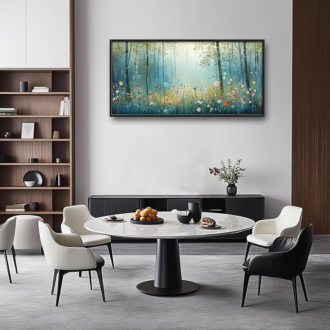 Large Forest Tree Wall Art for Living Room, Framed Oversized Wildflowers Wall Decor, Foggy Landscape Canvas Painting Modern Artwork Home Decoration for Dining Room Bedroom Office 60"x30"