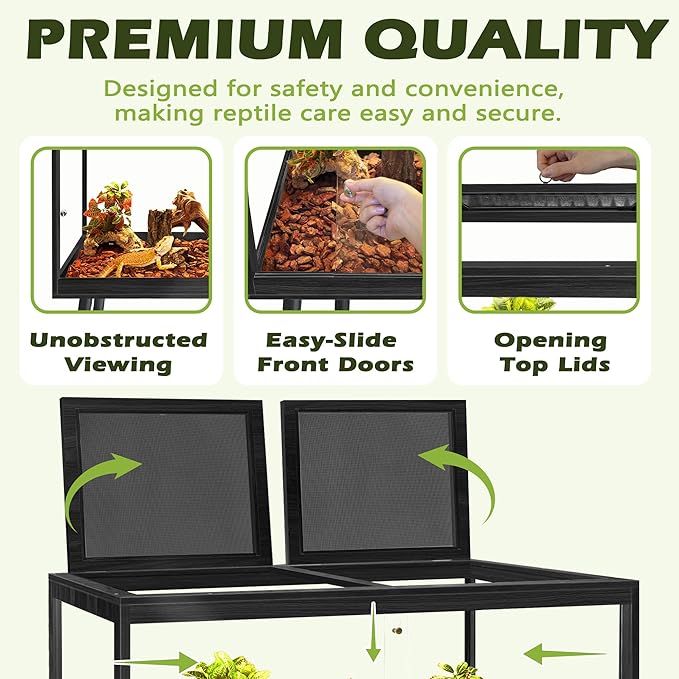 Prolee Bearded Dragon Tank with Leg Stand,Wooden Lizard Tank,Reptile Tank with Metal Mesh Roof Door, Acrylic Panel Snake Tank with Lock Design (Black, 48"x20"x20")