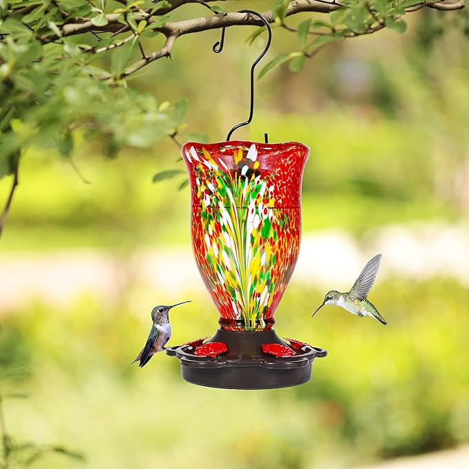 LUJII Hummingbird Feeders for Outdoors, Blown Glass Hummingbird Feeder for Outside Hanging with Ant Moat, Leak Proof & Anti Rust Metal Base, 25 fl.oz Capacity, Gifts for Bird Lovers or Gardeners, Red