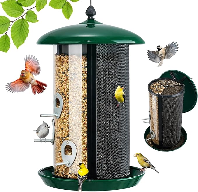 Veehoo Hanging Bird Feeder for Outdoors, 3 in 1 Large Capacity Metal Mesh Tube Bird Feeder for Thistle Nyjer Peanut, Wild Triple Finch Cardinal Feeders 6 lbs Seed Capacity for Outside