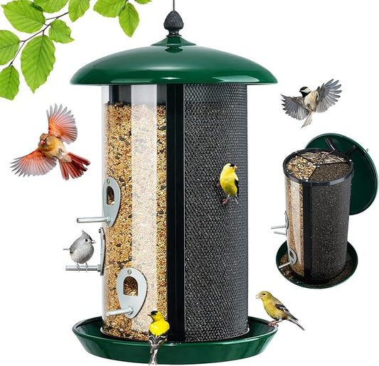 Veehoo Hanging Bird Feeder for Outdoors, 3 in 1 Large Capacity Metal Mesh Tube Bird Feeder for Thistle Nyjer Peanut, Wild Triple Finch Cardinal Feeders 6 lbs Seed Capacity for Outside