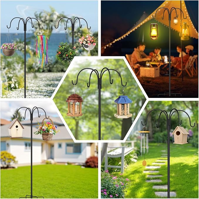 4-Hooks Shepherds Hooks for Outdoor,103'' Bird Feeder Pole with 5-Prong Base,Adjustable Bird House Stand Hanger for Garden Plant,Hummingbird Feeders, Lanterns, Wind Chime