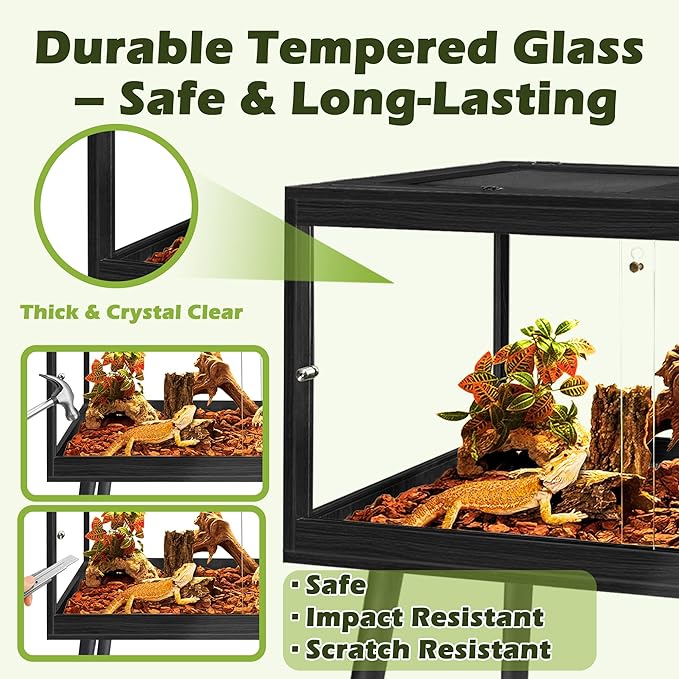 PROLEE Bearded Dragon Tank with Leg,Tempered Glass Lizard Tanks and Reptile Enclosure,Up to 78 Gallon Reptile Tank with Metal Mesh and Lockable Door for Snakes,Chameleon (Black, 24Gallons,24inch)