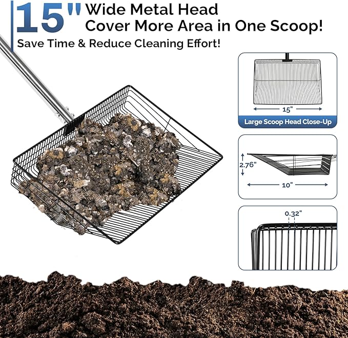 15" Extra-Wide Chicken Poop Scooper – Ergonomic Adjustable Handle (24-70in), Stainless Steel Sifting Shovel Deep Litter Cleaning for Chicken Coops, Goat - Chicken Coop Scoop for Sand, Straw, Hemp