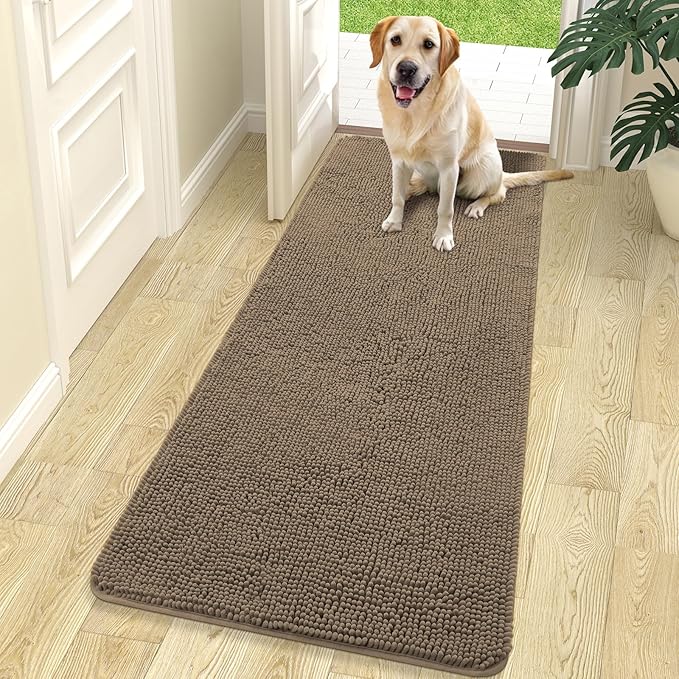 OLANLY Dog Door Mat for Muddy Paws 70x24, Absorbs Moisture and Dirt, Absorbent Non-Slip Washable Doormat, Quick Dry Chenille Mud Mat for Dogs, Entry Indoor Entryway Carpet for Inside Floor, Tan
