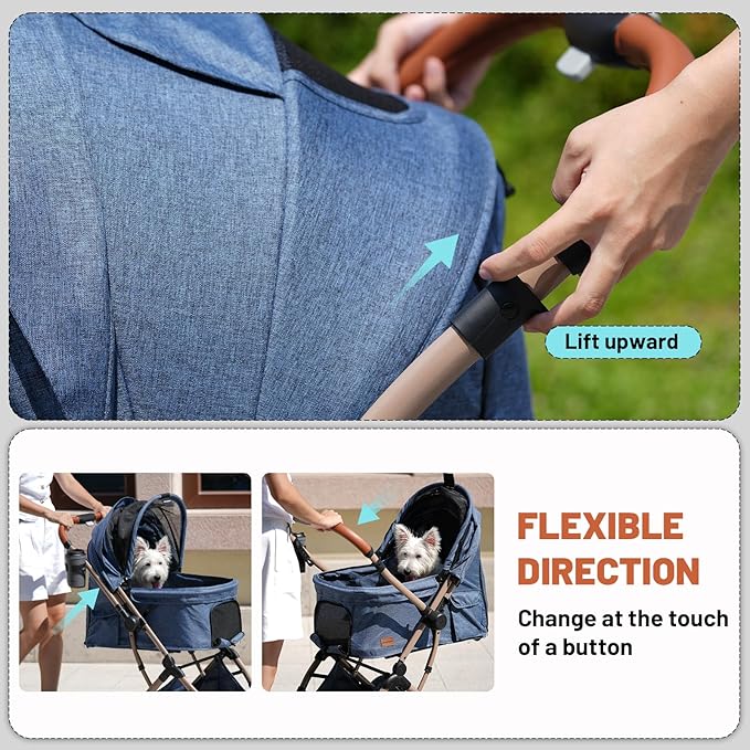 EchoSmile Small Medium Dogs Stroller 4-Wheel Pet Strollers for Medium Dogs Up to 50lbs, One Click Folding Large Cat Stroller, Reversible Handle, Shock Absorbing Wheels, Removable Washable Pad, Blue