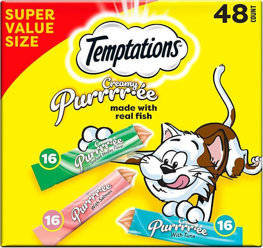 Temptations Creamy Puree Mix-Ups Squeezable Lickable Wet Cat Treats, Tuna Flavor, Salmon Flavor, and Seafood Medley Flavor, 0.42 oz. Tubes, 48 Count