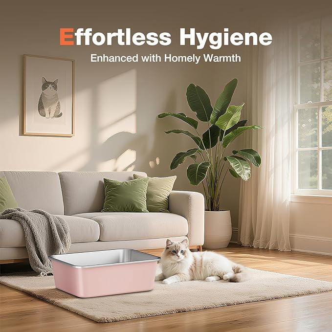 Stainless Steel Litter Box, Large Metal Cat Litter Box for Big and Small Cats, Non-Stick, Easy to Clean, Odor-Free, 19.5" L×13.6" W×3.9" H, Blush Pink