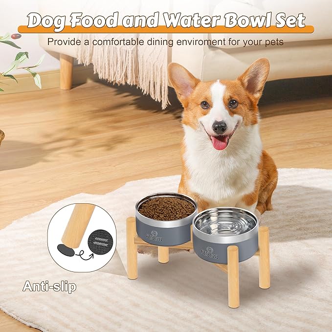 UPSKY Elevated Dog Bowls – 27oz Stainless Steel Anti-Spill Set with Wooden Stand, Double Raised Bowls for Small Dogs/Cats to Reduce Neck Strain & Improve Digestion