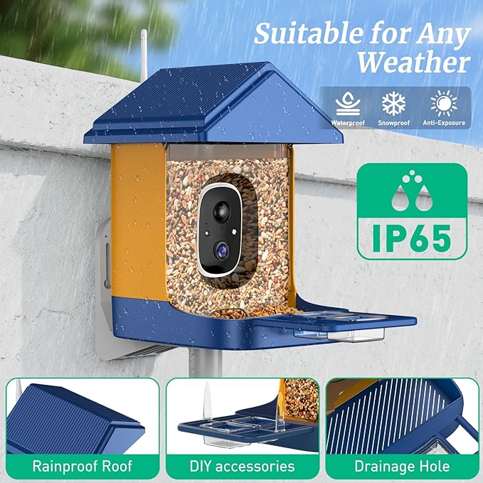 Smart Bird Feeder with Camera & AI Identification, 2K HD Live View, Solar Powered, Instant Arrival Alerts, IP65 Waterproof for 10,000+ Bird Species