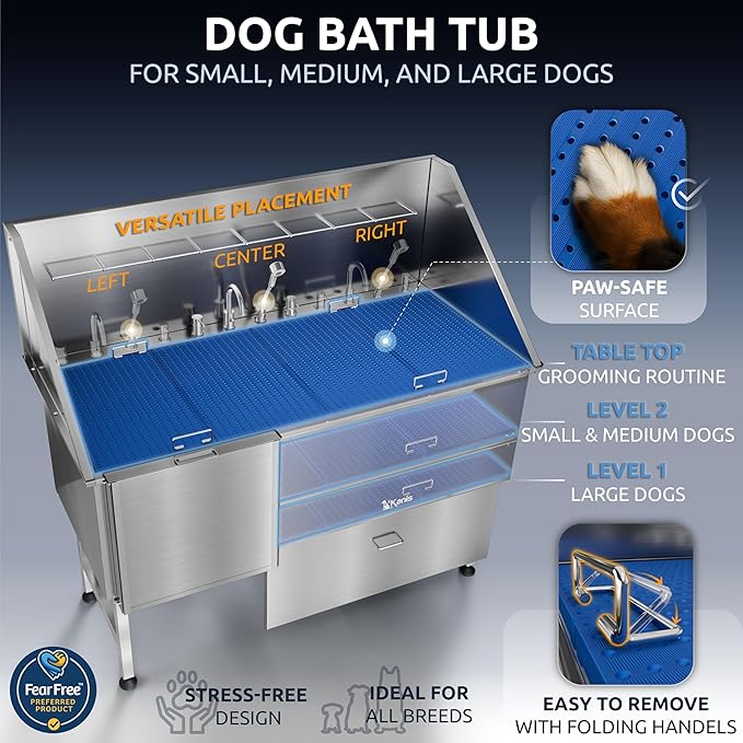 KANIS Professional Dog Washing Station - 304 Stainless Steel Pet Wash Sink & Grooming Bath Tub for Home with Ramp, Shower, Floor Grate, Storage Drawer, Faucet, Drain Kit for Large, Medium & Small Pets