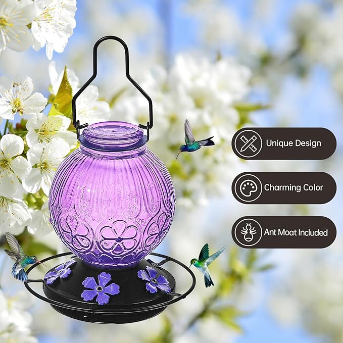 Glass Hummingbird Feeders for Outdoors Hanging, 23Oz Humming Bird Nectar Feeders with Perch, 5 Flower Feeding Ports, Leak Proof Base and Hook for Garden Decor, Gifts for Mom Women (Purple)