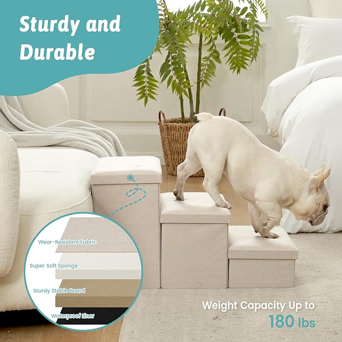 Dog Stairs with Storage, 3-Step Wider Sturdy Dog Steps for Small/Medium/Large Dogs and Older Cats, Folding Doggie Ramp for Bed/Couch/Car Hold Up to 180 lbs (16.7" H, Beige)