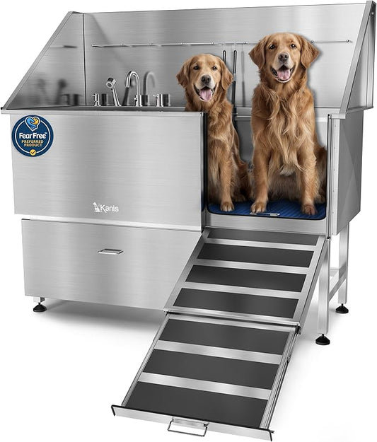 KANIS Professional Dog Washing Station - 304 Stainless Steel Pet Wash Sink & Grooming Bath Tub for Home with Ramp, Shower, Floor Grate, Storage Drawer, Faucet, Drain Kit for Large, Medium & Small Pets