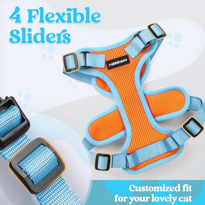 rabbitgoo Cat Harness and Leash Set, Escape Proof Soft Adjustable Vest Harnesses for Outdoor Walking, Easy Control Breathable Kitten Jacket with Reflective Strips, Orange & Light Blue, M
