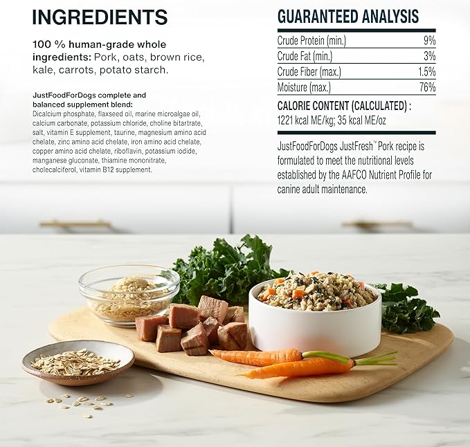 JustFoodForDogs JustFresh Wet Dog Food, Fresh Pet Meals and Toppers with No Preservatives, Resealable Package, Human Grade, Home-Cooked Pork, 12 oz - 7 Pack