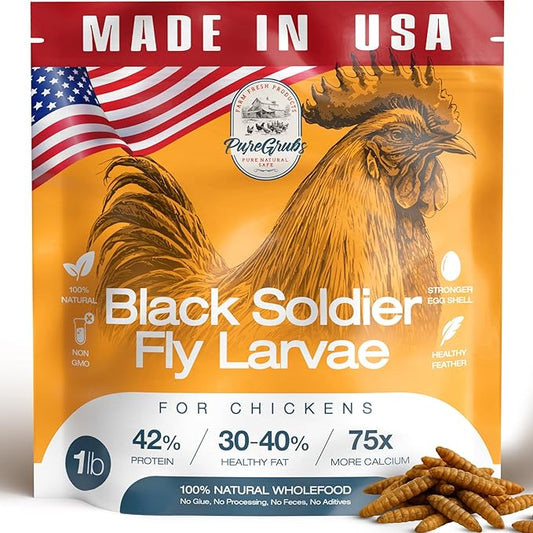 USA Grown Black Soldier Fly Larvae for Chickens - 100% Natural Dried Mealworms for Chickens - Grubs with 85X More Protein Chicken Treats for Laying Hens - Birds Feed Supplement for Ducks & Reptiles