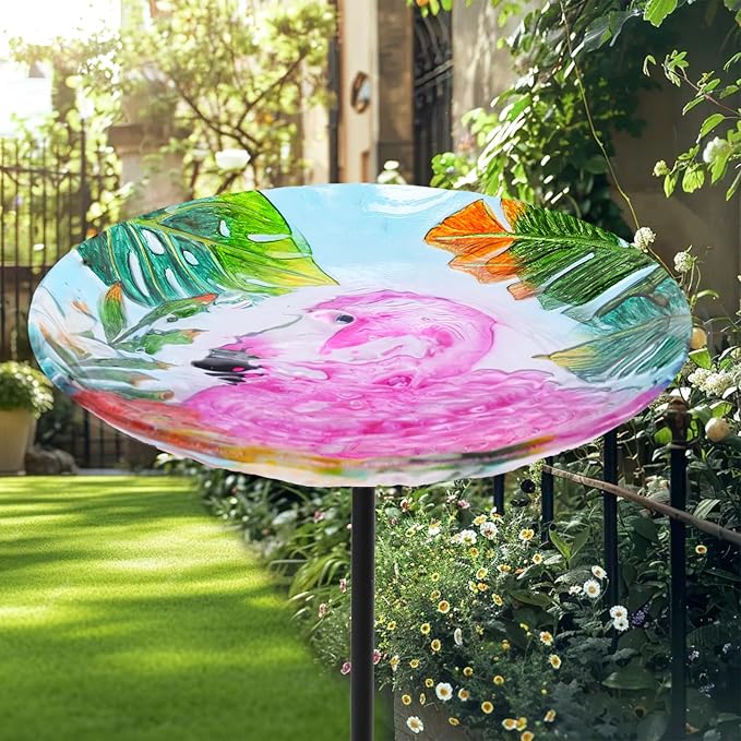MUMTOP Bird Baths for Outdoors, Glass Bird Bath Stake, Flamingo Birdbaths & Support, Bee Baths for Garden, Outside, Lawn, Outdoor Decor