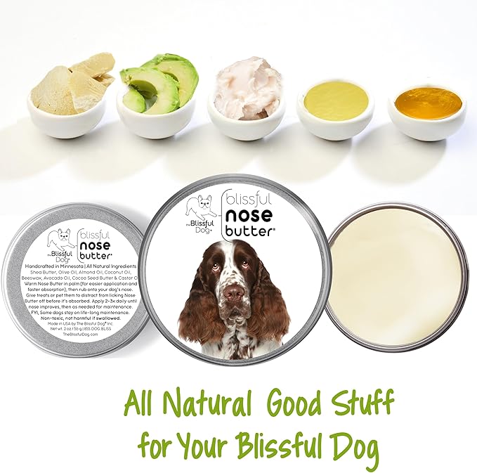 The Blissful Dog Springer Spaniel Nose Butter for Dry, Cracked Skin, Lick-Safe Dog Nose Balm with Moisturizing Shea Butter, Almond, Olive, and Essential Oils, Pet Supplies, Uncented, 2 oz.