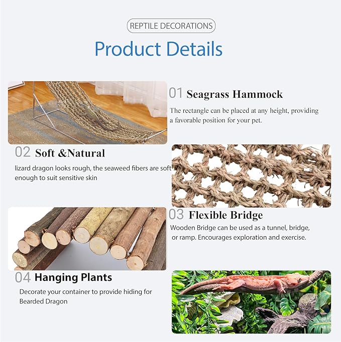 HERCOCCI Bearded Dragon Tank Accessories, Reptile Bridge Hammock Plants Jungle Climbing Vines Terrarium Decor for Bearded Dragon Snake Gecko Lizard
