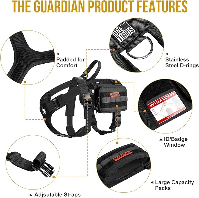 OneTigris Service Dog Vest Harness, Service Dog Cape Guardian Dog Backpack Harness with Pouches Dog Saddle Bag for Small Medium and Large Dogs (Black, M)