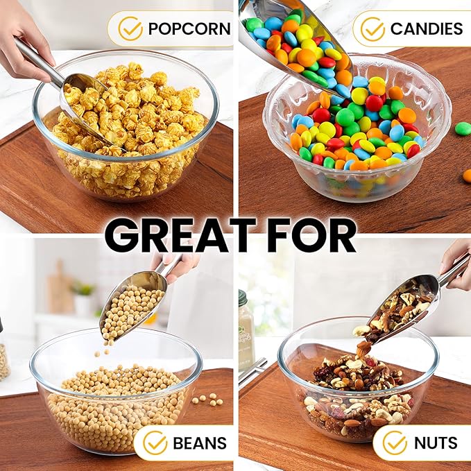 12oz Stainless Steel Ice Scoop for Freezer with Magnetic Hook– Dishwasher Safe Ice Scooper for Ice Machine with Long Handle – Metal Scoop for Ice Bucket, Dog Food, Flour, Canisters