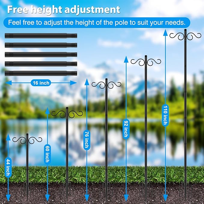Adjustable Shepherd Hooks for Outdoor,1 Pack 110 Inch 5 Prong Base Bird Two Sided Feeder Poles,Heavy Duty Shepherds Hook,Suitable for Garden in Hanging Flower Basket,Lantern,Bird Nests