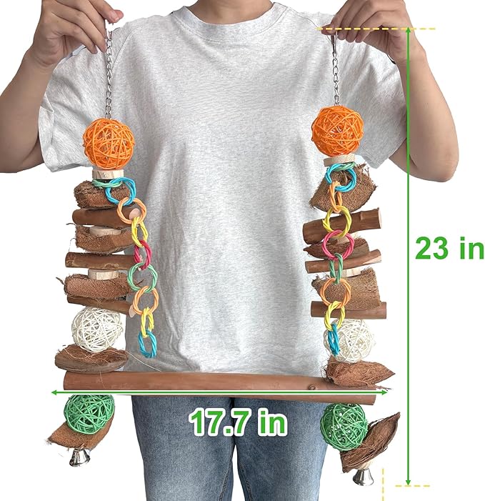3-in-1 Parrot Toys Natural Coconut Fiber Parrot Hammock (Swing + Perch + Chew Toy) Natural Bird Perches for Medium Large Birds - 23" Bird Toys for Parrots Stand