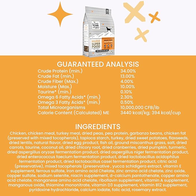 I and love and you Nude Super Food Dry Dog Food - Turkey + Chicken - Prebiotic + Probiotic, Grain Free, Real Meat, No Fillers, 23lb Bag