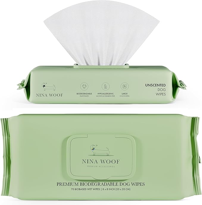 Nina Woof Dog Wipes – Fragrance-Free, Alcohol-Free, Hypoallergenic Pet Grooming Wipes with Aloe Vera, Biodegradable, for Dogs & Cats: Paws, Face, Ears & Butt – (70 Count)