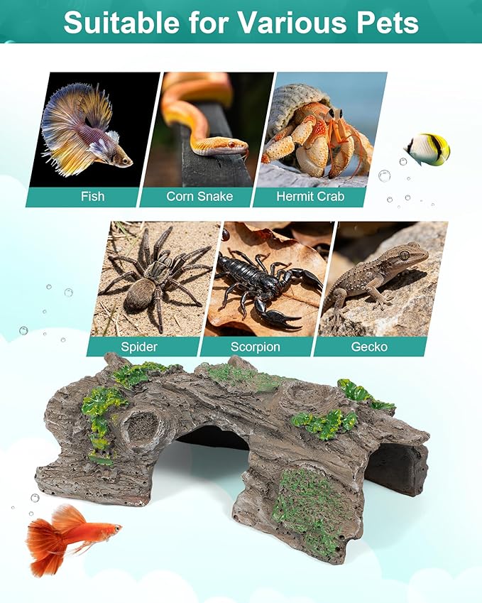 TRUVIC Fish Tank Decorations - Aquarium Cave Decor, Resin Hollow Tree Trunk Reptile Hide & Betta Log Hideout for 20 Gallon Tank, Fish Accessories Shelter Cave