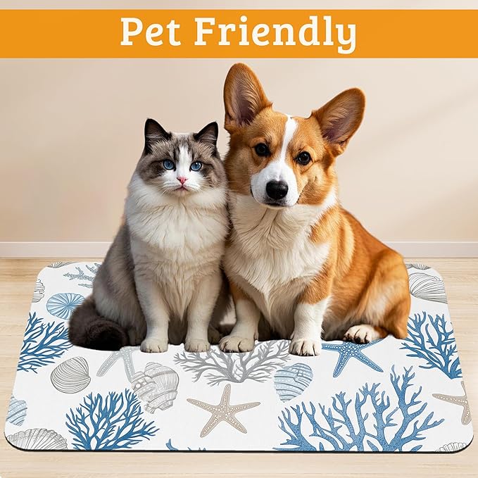Seashell Beach Feeding Mat,Coral Starfish Absorbent Quick-Dry Cat Dog Food and Water Bowl Mats,Non-Slip Rubber Backing Mat,Cat Dog Accessories Supplies 16" x 24"