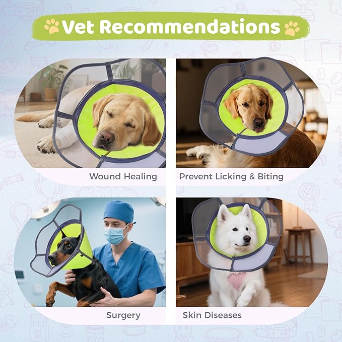 Soft Dog Cone Collar After Surgery Recovery,Adjustable E-Collar with Removable Shield,Lightweight,Breathable Anti-Licking Protective Cone for Large,Medium,Small Pets (Neon Green, L (Neck:15.5''-19''))