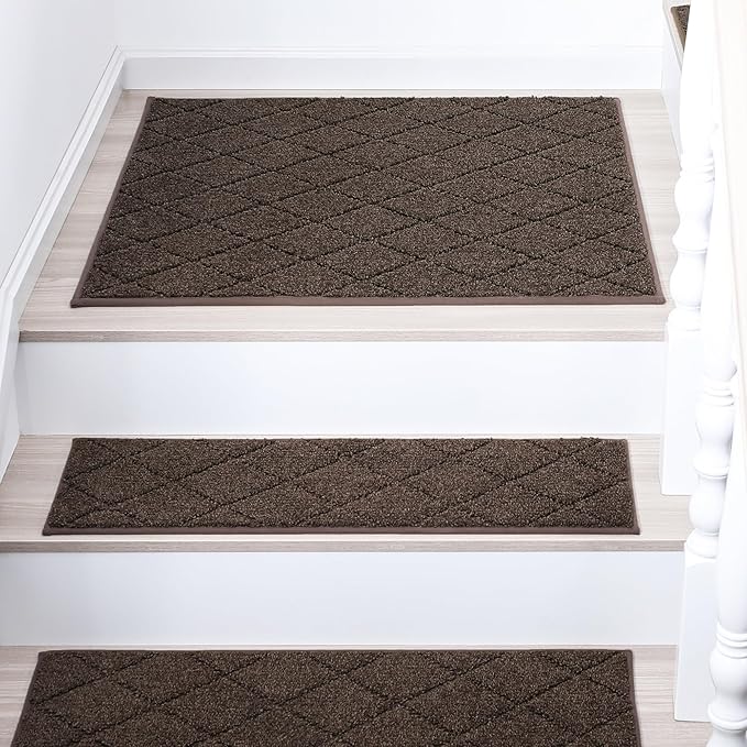 COSY HOMEER Edging Stair Treads Non-Slip Corner Indoor Stair Runners for Wooden Steps,Landing Slip Resistant Stair Rugs Mat for Kids and Dogs,100% Polyester TPE Backing,Brown,30x30 inch