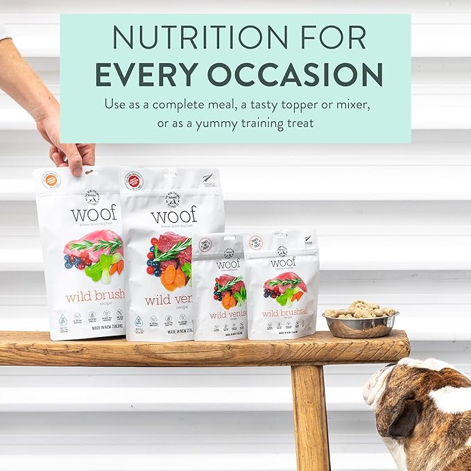 The New Zealand Natural Pet Food Co Woof Freeze Dried Dog Food - Wild Venison, High Protein, Dog Food Topper & Dog Treats, All Life Stages, 1.76 oz