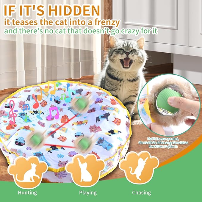 Interactive Cat Toys Fast Rolling Ball in Play Pouch, Motion Activate Chirping Cat Toy Hide and Seek Mouse Catching Game, 28 Inch Play Pouch