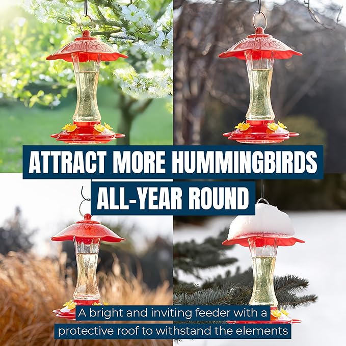 MEKKAPRO Hummingbird Feeders for Outdoors Glass - Red Hummingbird Feeders for Outdoors, Metal Ring, Bee-Proof Design, Easy Assembly, Red Hummingbird Feeder 10 oz (2-Pack)