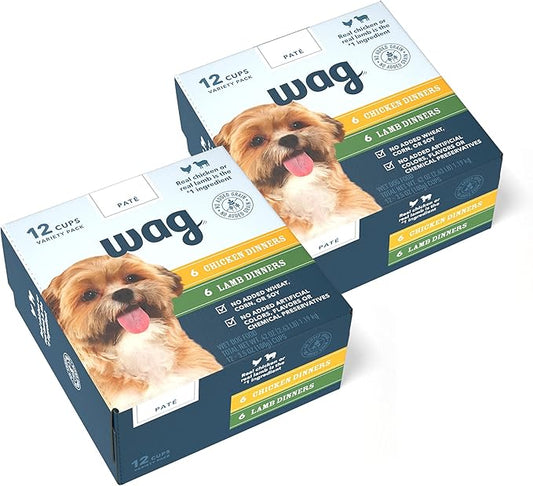Amazon Brand – Wag Wet Dog Food Cups, Chicken & Lamb Pate Variety Pack, 3.5 Oz, Pack of 24