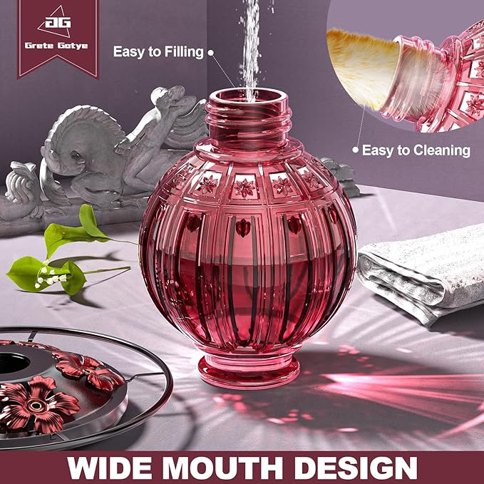 2 Pack Glass Hummingbird Feeder for Outdoors Hanging, Bird Nectar Feeder with Perch & 5 Flower Feeding Ports, 26 Oz Leak Proof for Outside Garden Decor Backyard, Gifts for Women Mom, Red & Purple