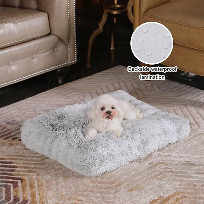 Bedfolks Waterproof Crate Bed, Plush Dog & Cat Bed with Removable Washable Cover, Faux Fur Kennel Pad, 21"x13", Grey