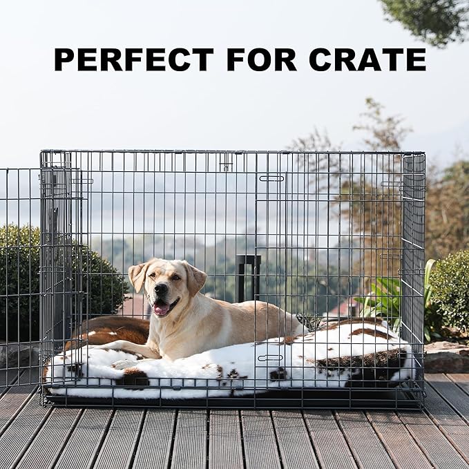 Bedfolks Waterproof Crate Bed, Plush Washable Cover, Faux Fur Pad for XXL Dogs, Fluffy Kennel Bed 47"x29", Cow Print