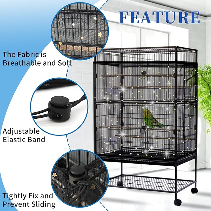 Daoeny Bird Cage Seed Catcher, Large Bird Cage Cover, Adjustable Soft Airy Nylon Mesh Net, Birdcage Cover Skirt Seed Guard for Parrot Parakeet Macaw African Round Square Cages (Black, Sequins Star)