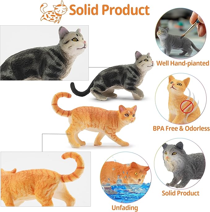 Toymany 8PCS Grey & Orange Cat Figurines Set, Realistic Cat Figures Kitten Toys, Cat Cake Toppers Easter Eggs Birthday Gift for Kids Children
