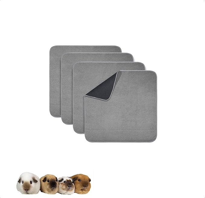 Guinea Pig Cage Liner, 4 Pack - Washable, Reusable, Leakproof Fleece Bedding Pads for Small Animals with Anti-Slip Bottom - for C&C 12''X12'' Area, Gray