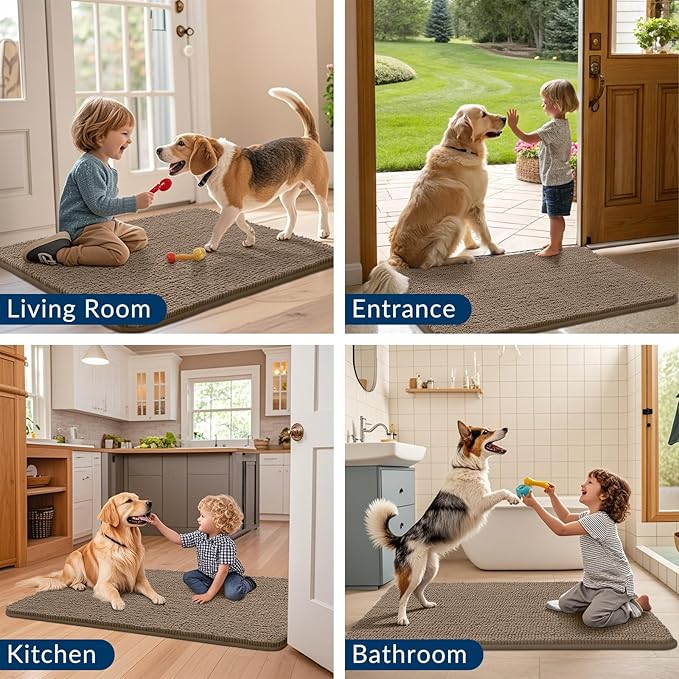 Smiry Dog Door Mat for Muddy Paws 30x20, Absorbs Moisture and Dirt Doormat, Non-Slip Washable Quick Dry Chenille Front Door Mat Indoor Entrance, Entryway Carpet for Inside Floor, Camel