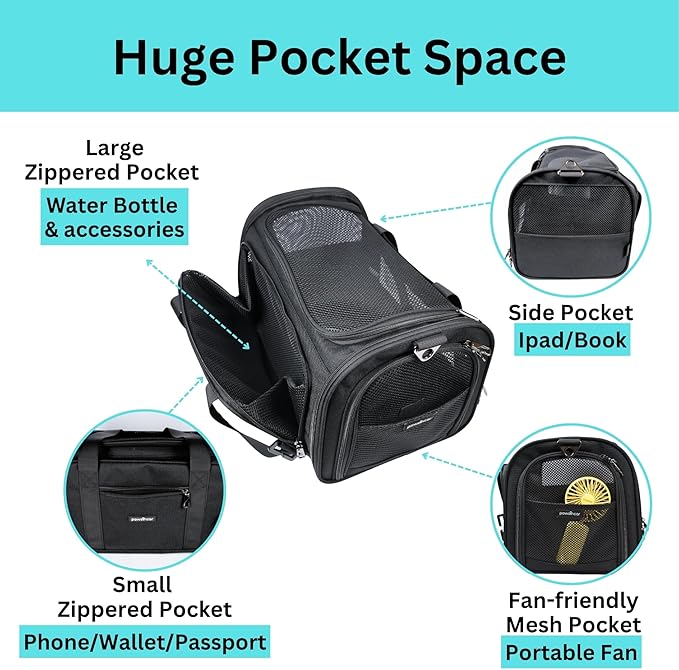 Crash-Tested Cat Carrier Soft (Test with FMVSS 213b - 5 Star Safety Rated by CPS) | TSA Airline Approved, Expandable, Zipper Locks, Fan Pocket | Best Dog Car Carrier for Safe Travel (Pet Up to 9lbs)