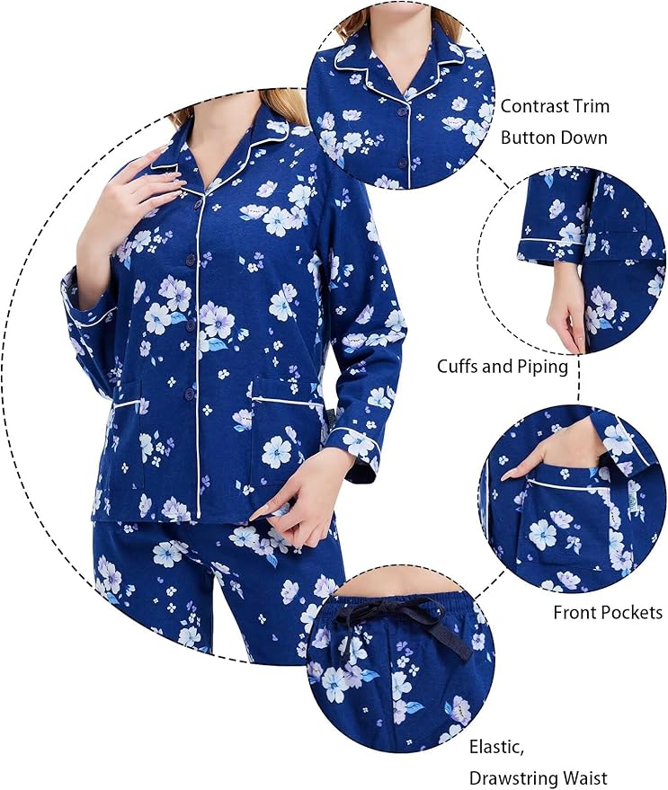 GLOBAL Flannel Pajamas for Women 2-Piece Comfy and Cozy Flannel Pj Set Cotton Loungwear