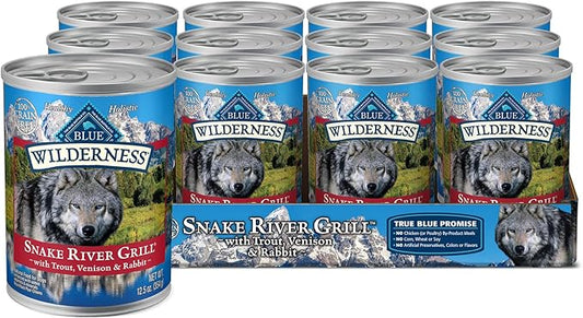 Blue Buffalo Wilderness Snake River Grill Natural High Protein Wet Food for Adult Dogs, Trout, Venison & Rabbit, 12.5-oz Cans, 12 Count