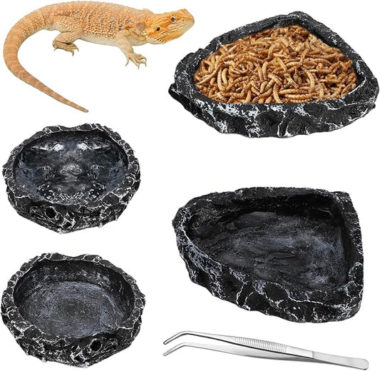 Frcctre 4 Pack Reptile Food Dish with Feeding Tongs, Resin Reptile Water Dish Food Bowl Feeding Terrarium Bowl for Leopard Gecko Lizard Tortoise Frog Bearded Dragon Chameleon