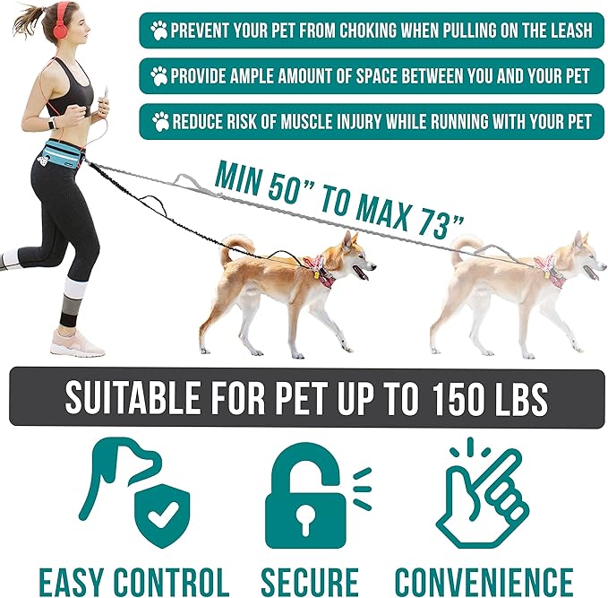 PetAmi Hands Free Dog Leash, Running Leash Belt for Walking, Jogging, Waist Zipper Pouch with Poop Bag Dispenser, Dual Padded Handles, Reflective Durable Bungee Single, Turquoise, 1